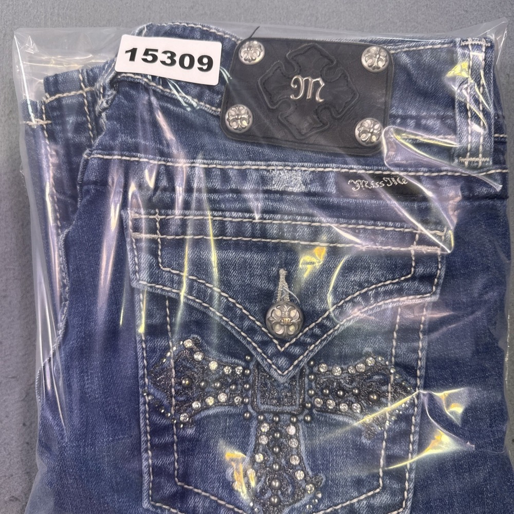 Miss Me Jeans Womens 30/32 Blue Denim Cross Bling Embelished Signature Boot - Picture 12 of 12